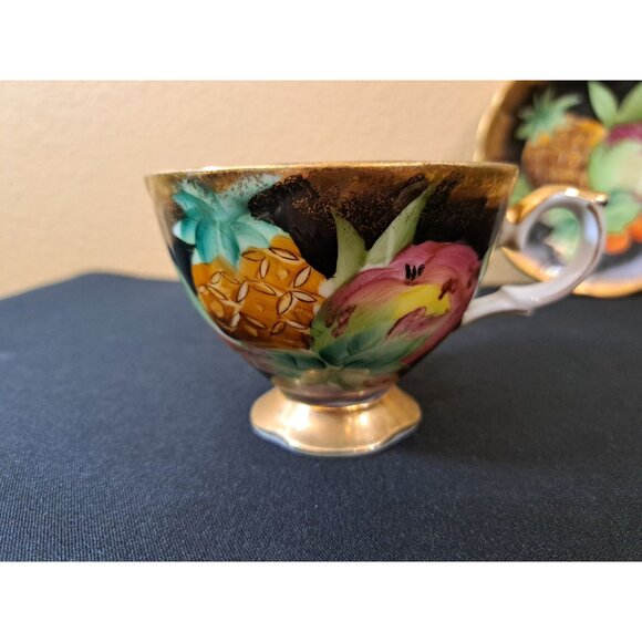Vintage  Shafford Japan Porcelain Tea Cup & Saucer Fruit  Pinapple Black & Gold - Picture 4 of 11